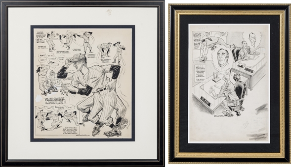 Lot of (2) Willard Mullin Framed Comic Artwork of Frank Crosetti & Del Webb